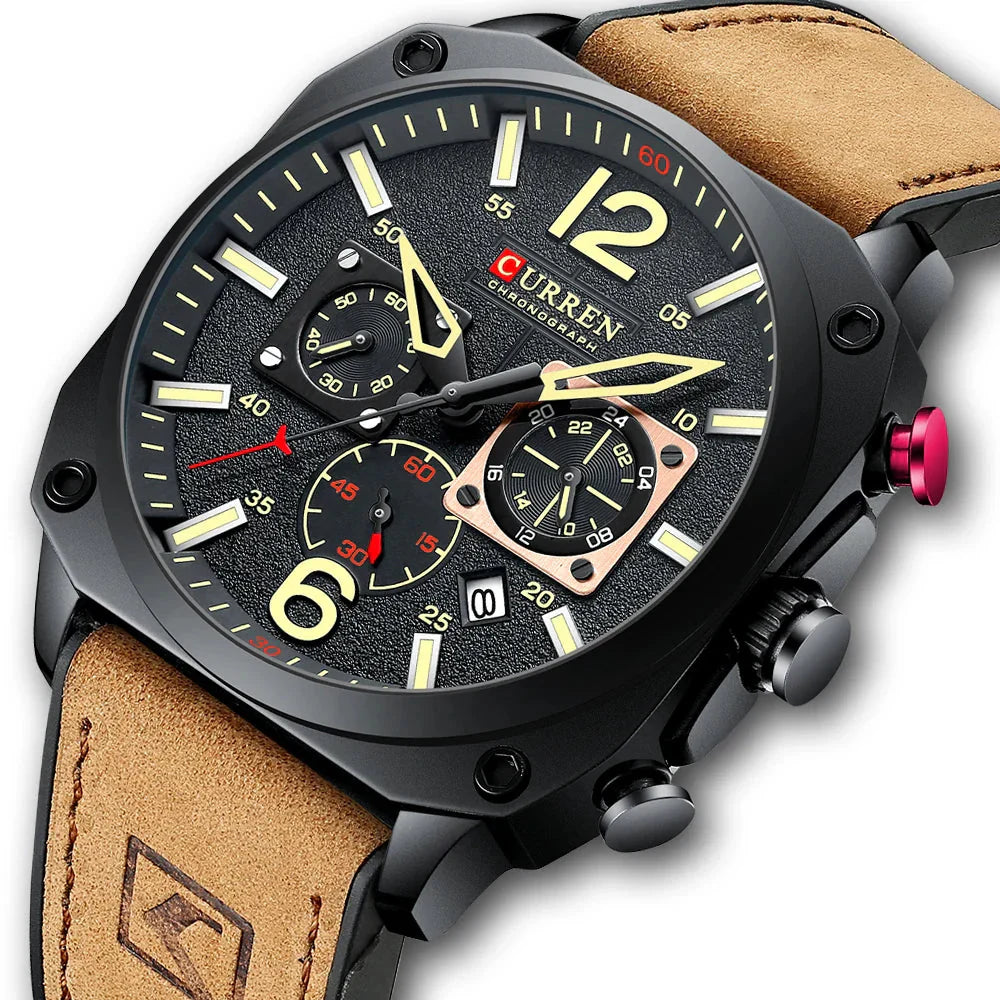 Tuvalu Men's Military-Inspired Leather Sports Watch - Quartz Chronograph Timepiece