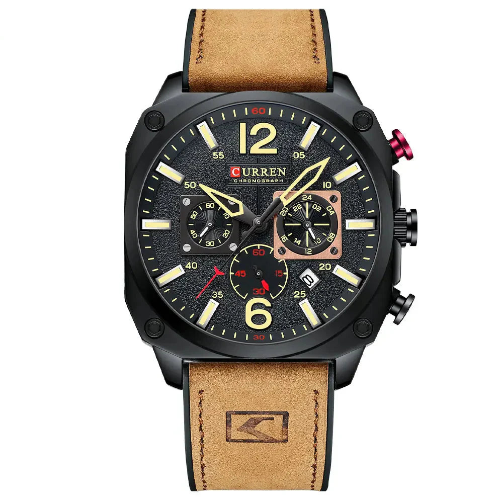 Tuvalu Men's Military-Inspired Leather Sports Watch - Quartz Chronograph Timepiece
