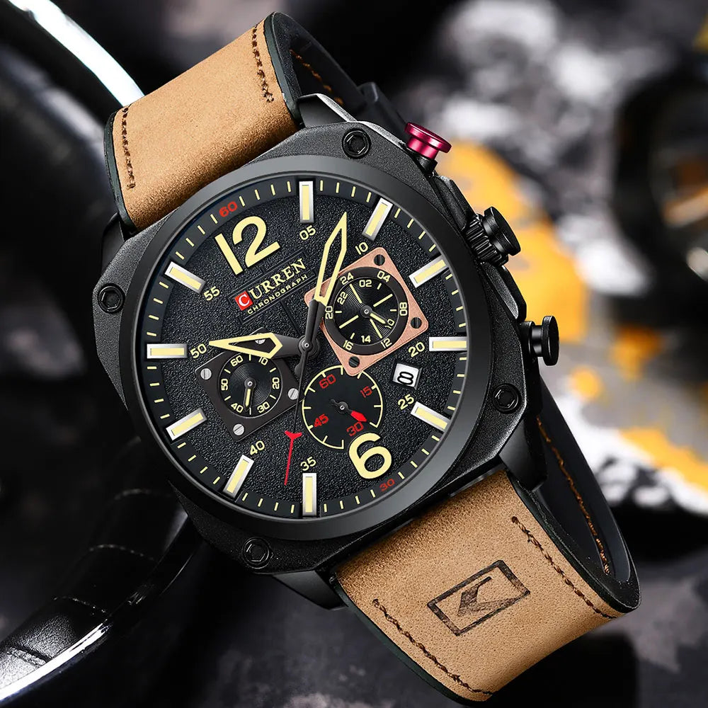Tuvalu Men's Military-Inspired Leather Sports Watch - Quartz Chronograph Timepiece