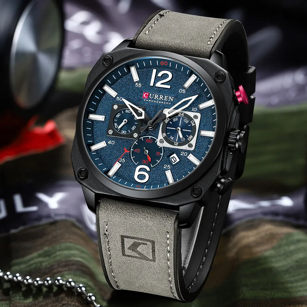 Tuvalu Men's Military-Inspired Leather Sports Watch - Quartz Chronograph Timepiece