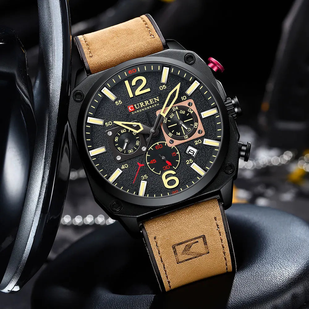 Tuvalu Men's Military-Inspired Leather Sports Watch - Quartz Chronograph Timepiece