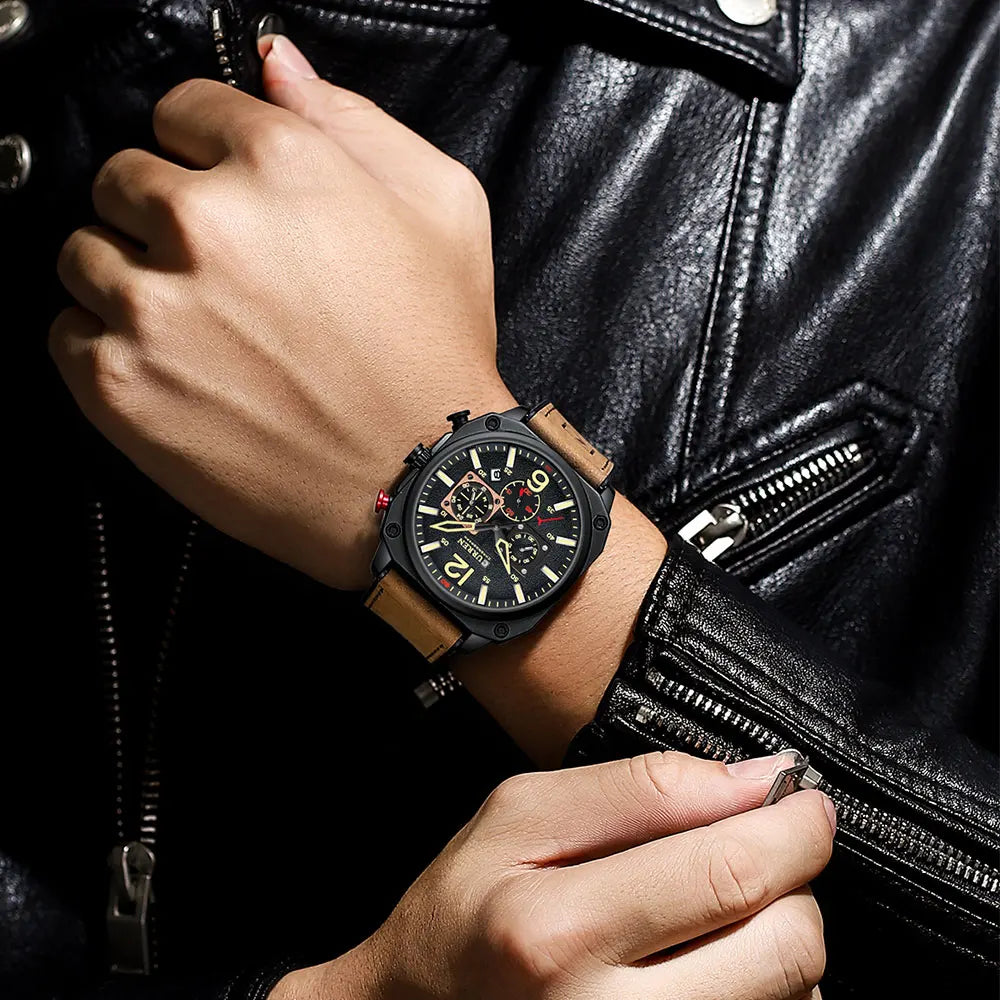 Tuvalu Men's Military-Inspired Leather Sports Watch - Quartz Chronograph Timepiece