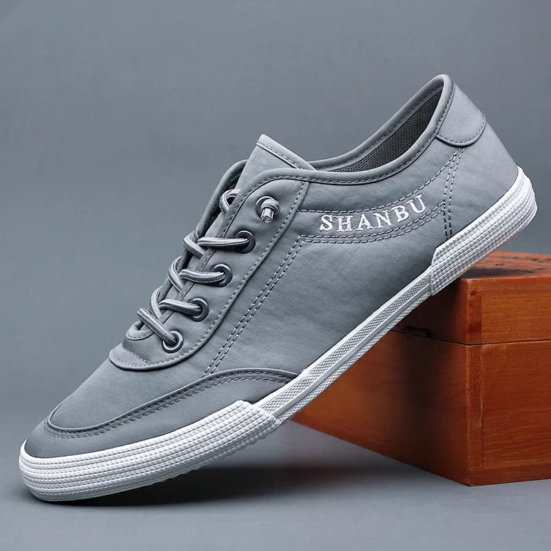 Shanbu | Men's Breathable White Lace-Up Sneakers - Lightweight Casual Flat Shoes