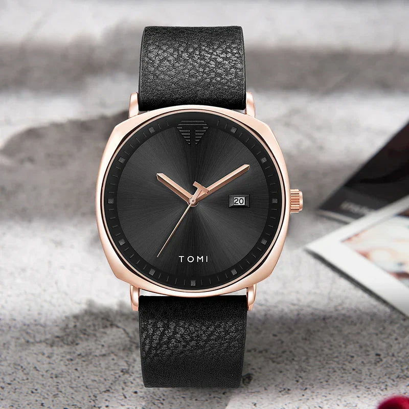 Tomi Men's Minimalist Leather Sports Watch with Calendar - Casual Quartz Timekeeper