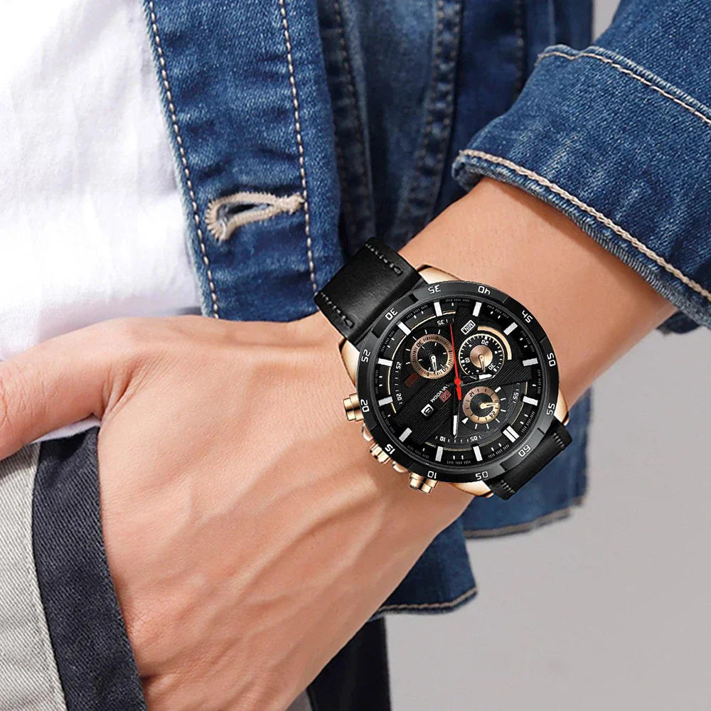Bruce Men's 46mm Racing-Inspired Sports Watch - Large Leather Casual Design