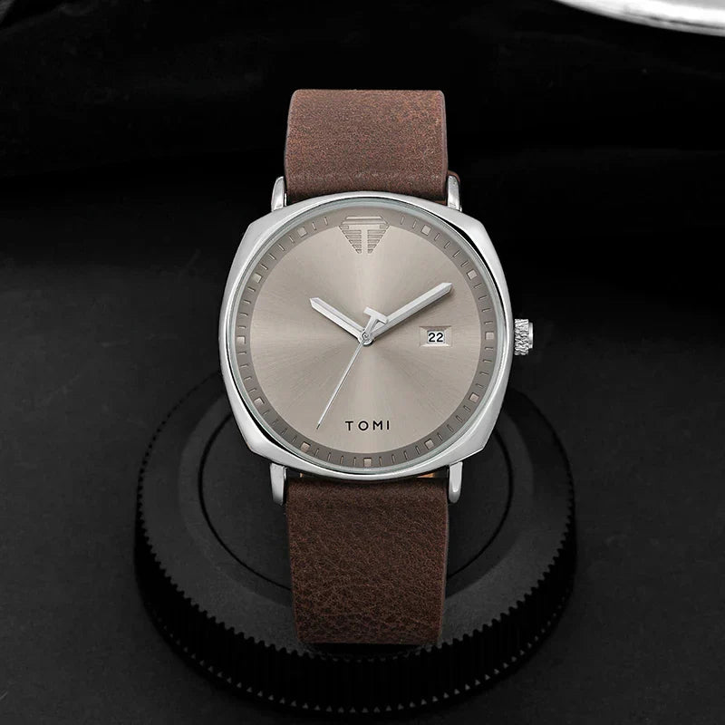 Tomi Men's Minimalist Leather Sports Watch with Calendar - Casual Quartz Timekeeper