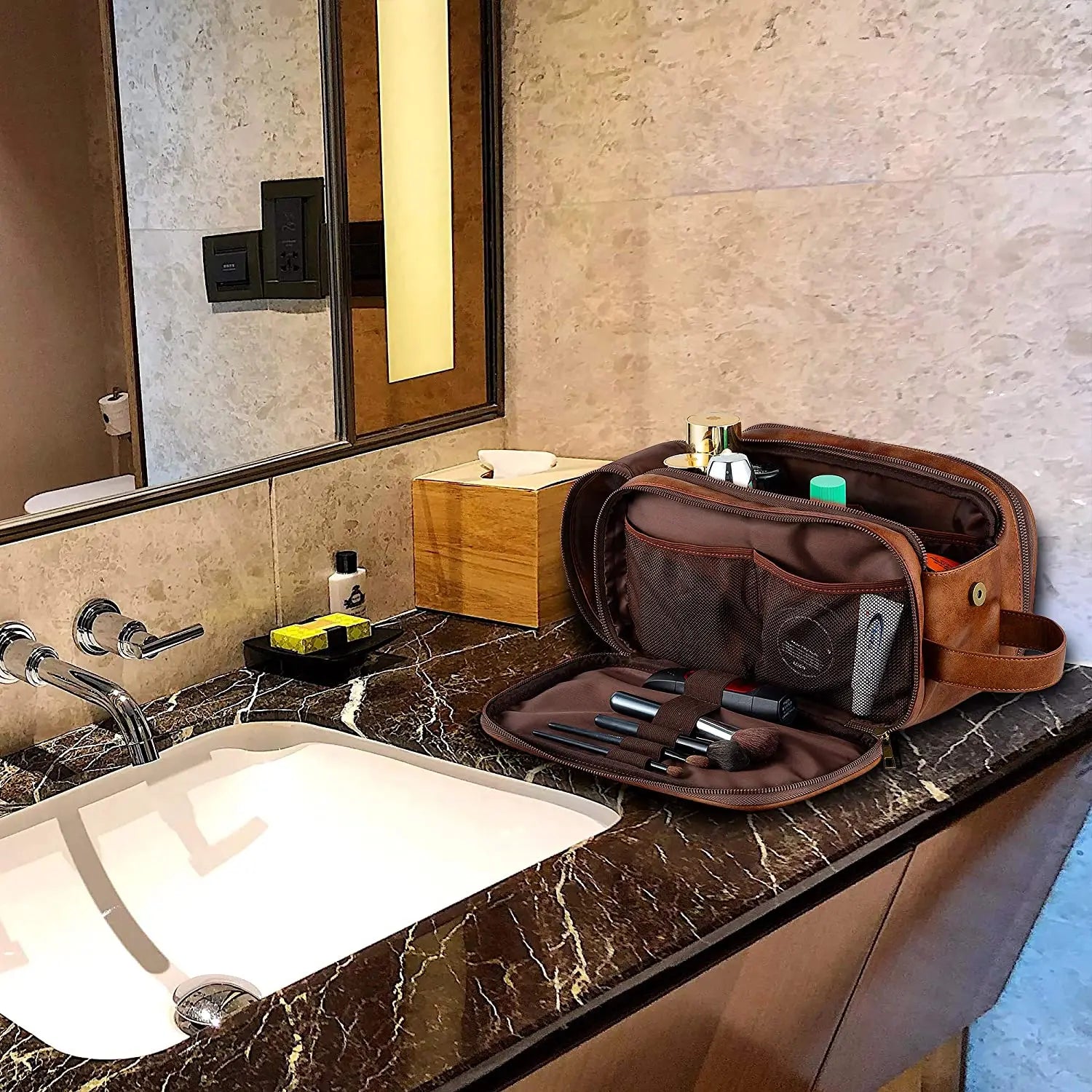 Men's Executive Dopp Kit - Waterproof Leather Travel Toiletry Organizer