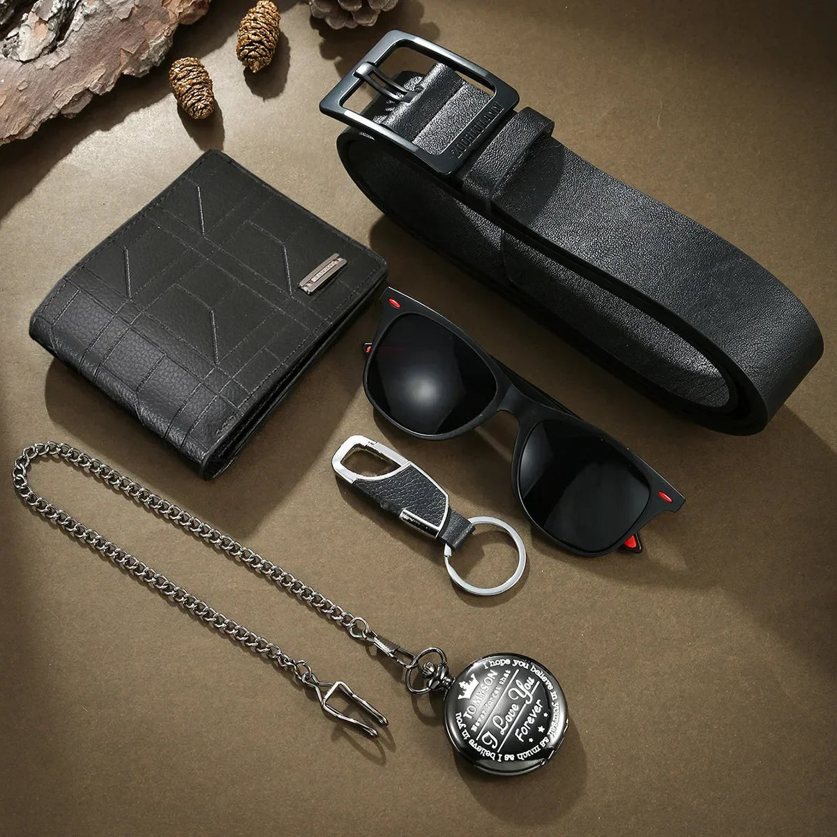 Yukon | Engraved Black Retro Memorial Pocket Watch Set - 5-Piece Gift Collection