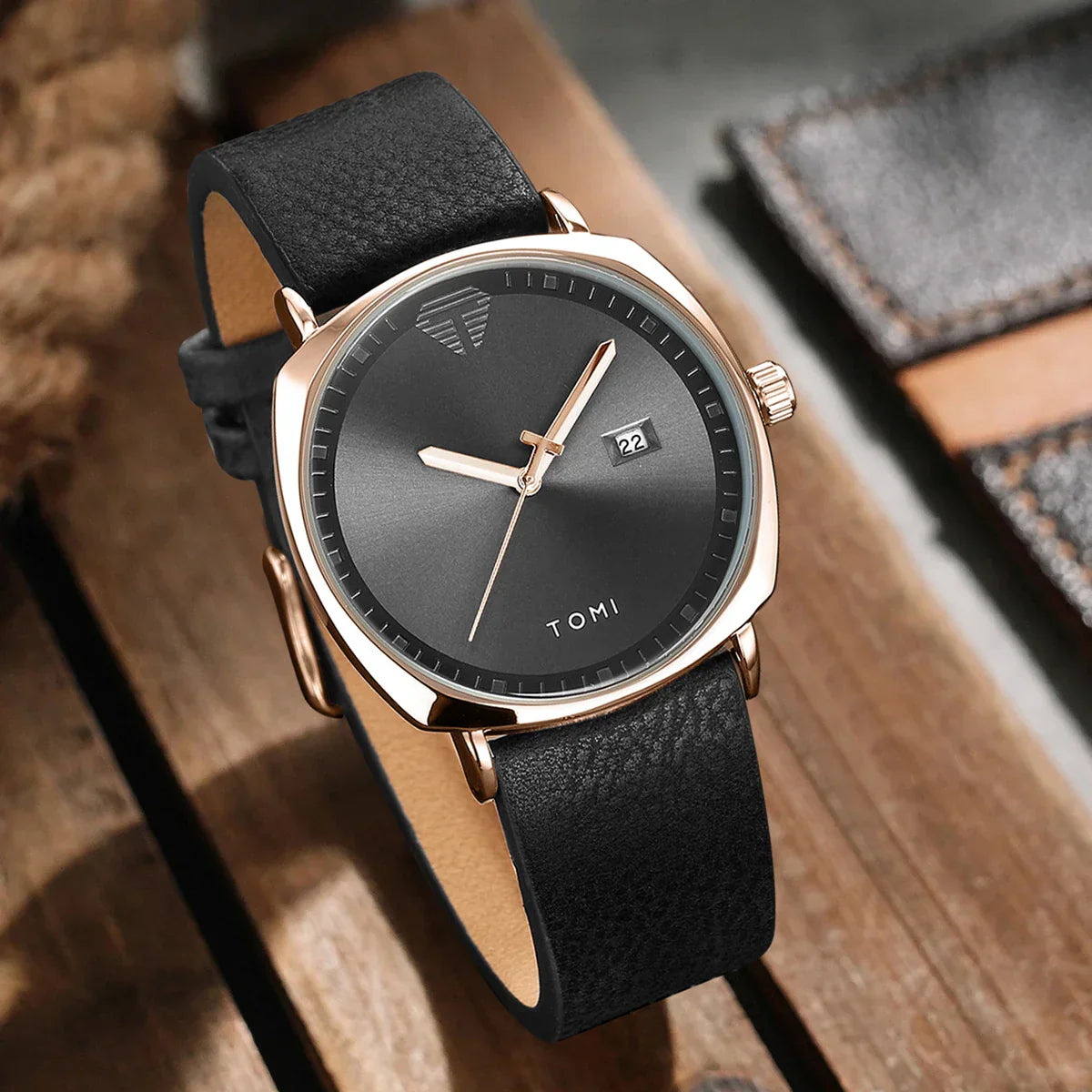 Tomi Men's Minimalist Leather Sports Watch with Calendar - Casual Quartz Timekeeper