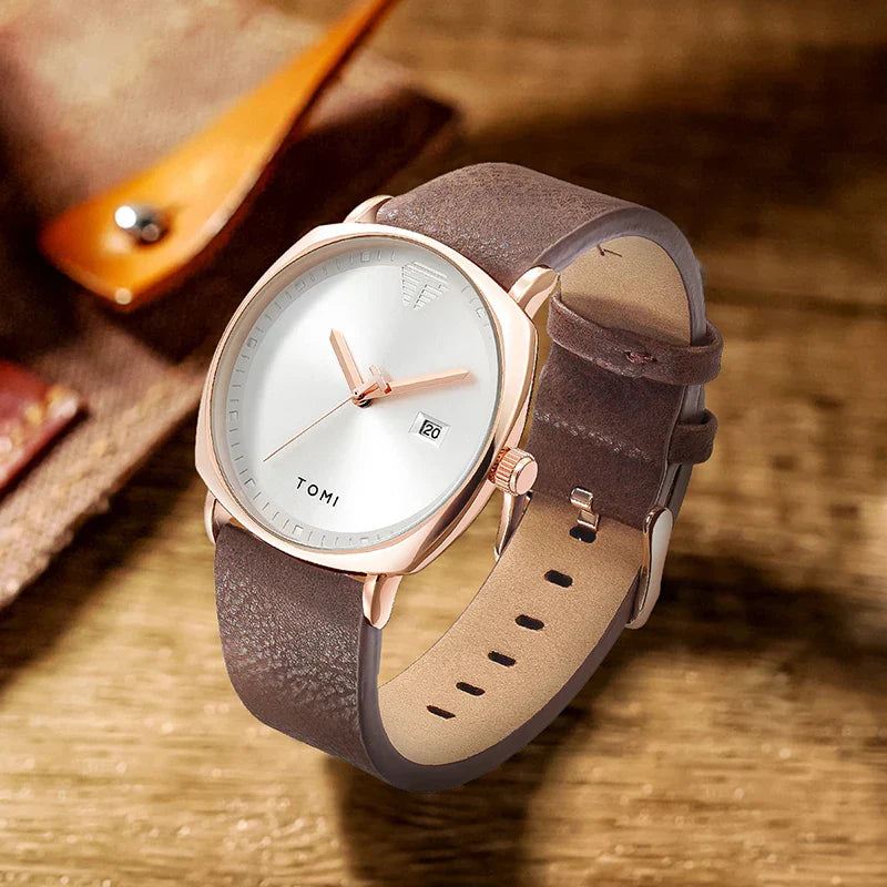 Tomi Men's Minimalist Leather Sports Watch with Calendar - Casual Quartz Timekeeper