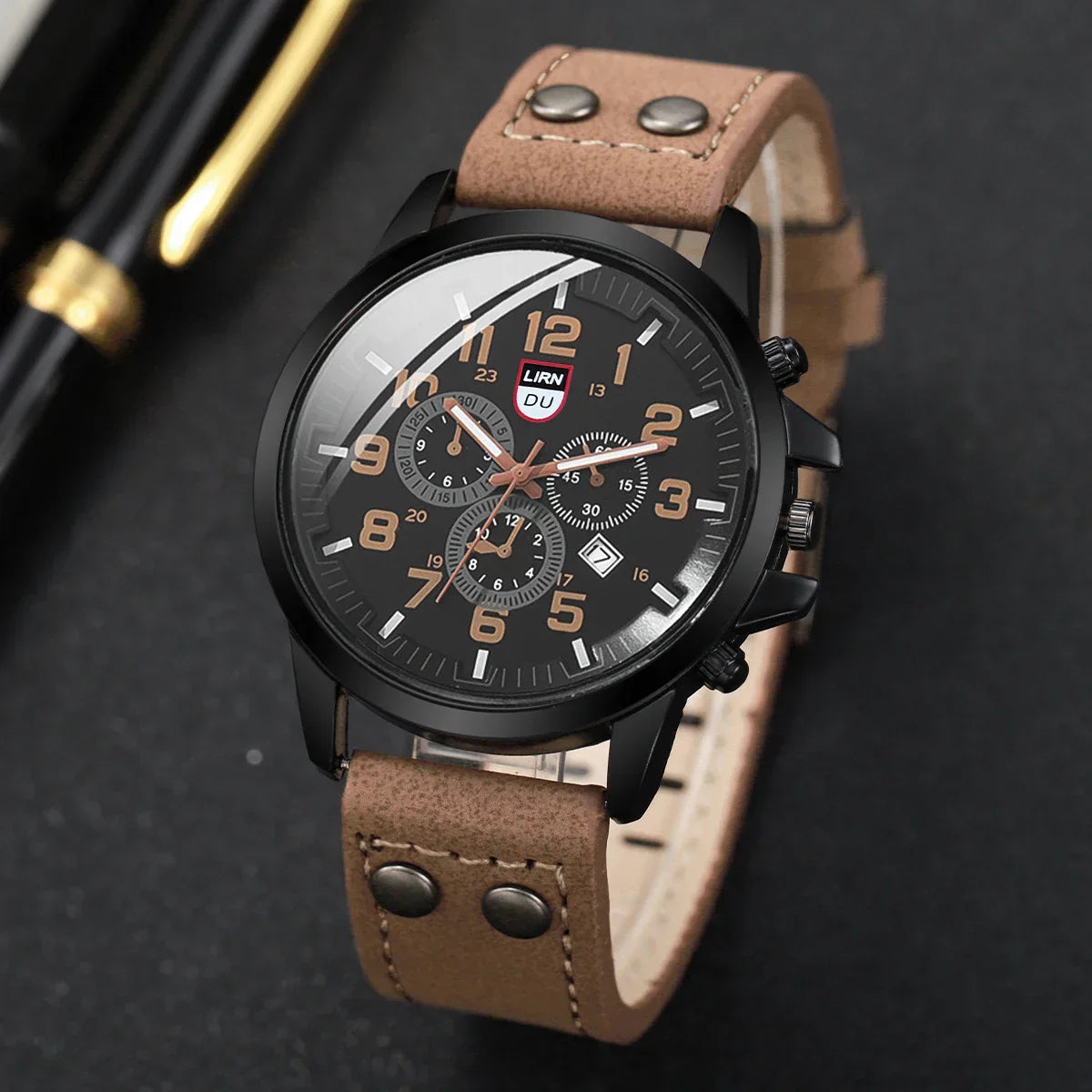 Redwood Men's Military-Style Quartz Watch - Casual Wristwatch with Leather Band