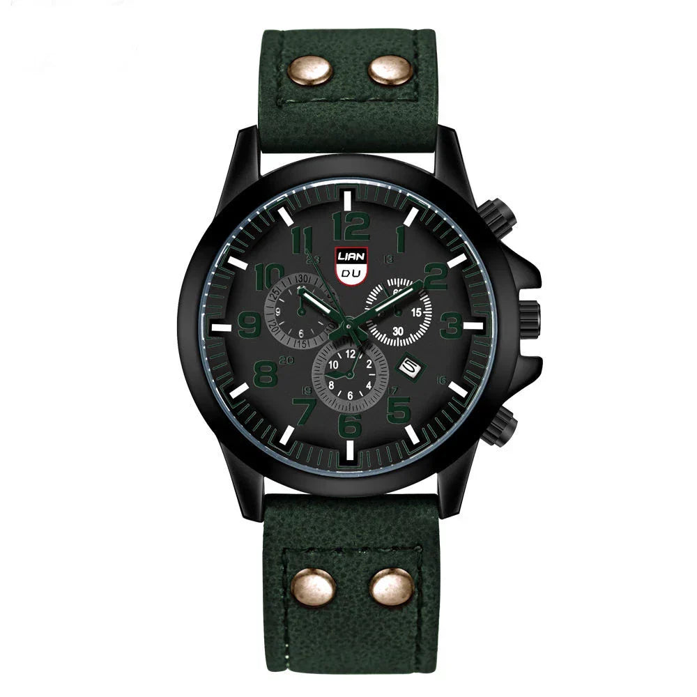 Redwood Men's Military-Style Quartz Watch - Casual Wristwatch with Leather Band