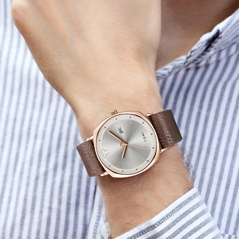 Tomi Men's Minimalist Leather Sports Watch with Calendar - Casual Quartz Timekeeper