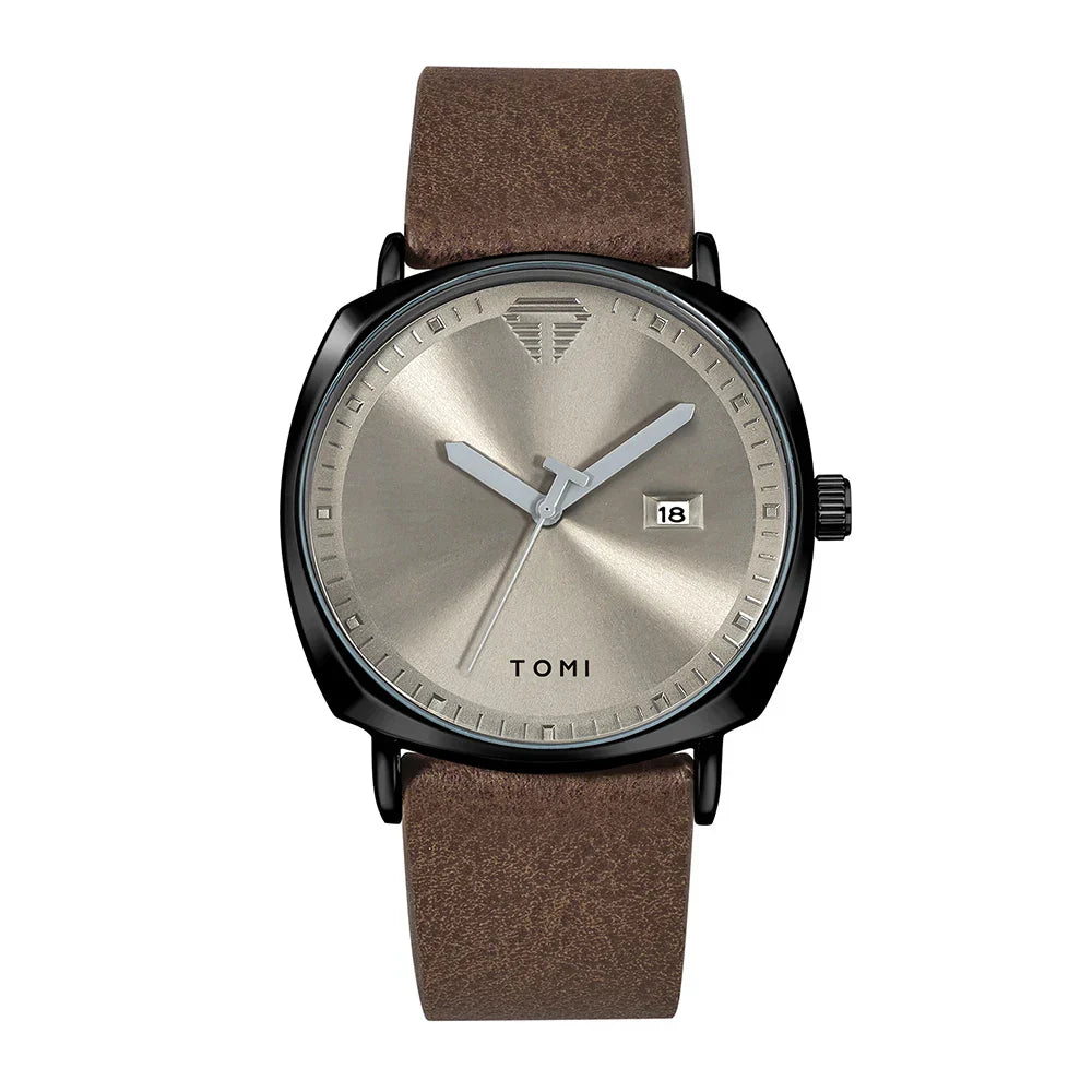 Tomi Men's Minimalist Leather Sports Watch with Calendar - Casual Quartz Timekeeper