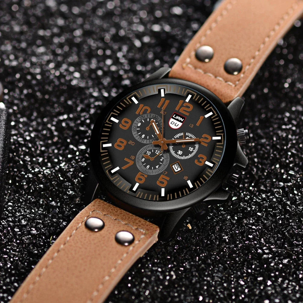 Redwood Men's Military-Style Quartz Watch - Casual Wristwatch with Leather Band