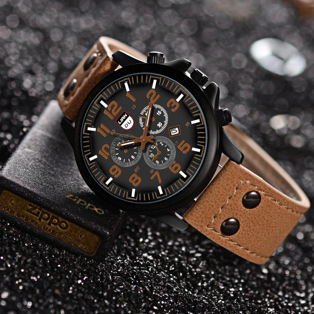 Redwood Men's Military-Style Quartz Watch - Casual Wristwatch with Leather Band