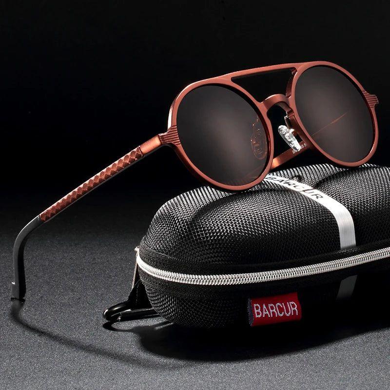 Barcur Men's Vintage Round Steampunk Polarized Sunglasses - Aluminum Magnesium Frames