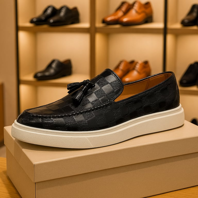 Harlan Men's Tassel Leather Loafers – Textured Slip-On Design